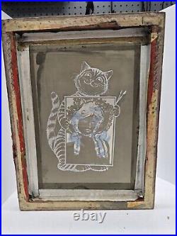 Cats Holding Girl Painting Vintage Artist Silk Screen Printing Frame INDUSTRIAL