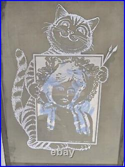 Cats Holding Girl Painting Vintage Artist Silk Screen Printing Frame INDUSTRIAL