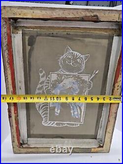 Cats Holding Girl Painting Vintage Artist Silk Screen Printing Frame INDUSTRIAL