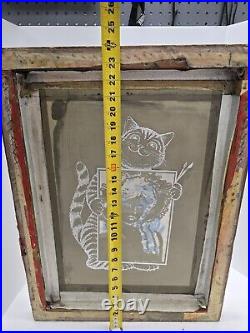 Cats Holding Girl Painting Vintage Artist Silk Screen Printing Frame INDUSTRIAL