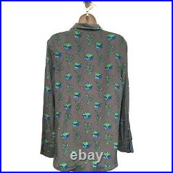 Equipment Gray Silk Blouse Top Button Front Shirt Blue Floral Print Size L