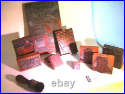 Lot of 10 Antique Copper Plates on Wood Block Printing Press Advertisements